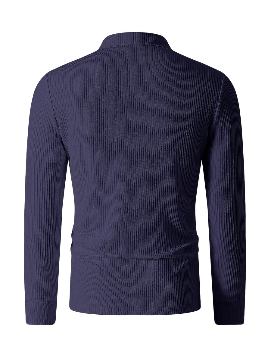 Herren Rippstrick Polo-Pullover mit Reißverschluss, Langarm