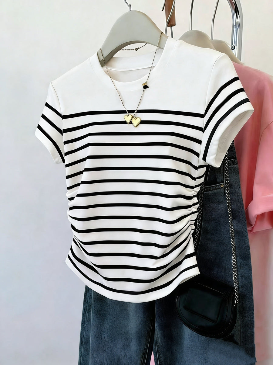 Damen T-Shirt im Streifen-Design mit modischen Raffungen – Perfekt für Freizeit und Alltag