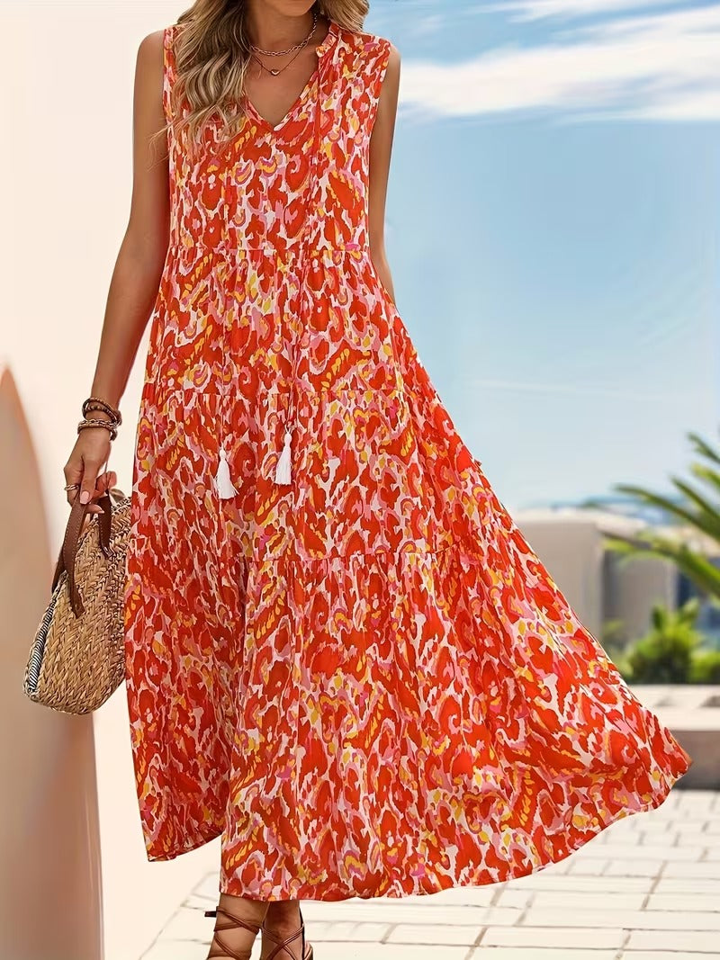 Damen Boho A-Linien Sommerkleid ärmellos – Luftiges Freizeitkleid mit Allover-Print und Quasten