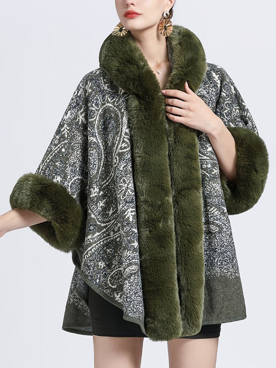 Damen Cape mit Kapuze, Pelzbesatz und Muster – Gemütlicher Umhang