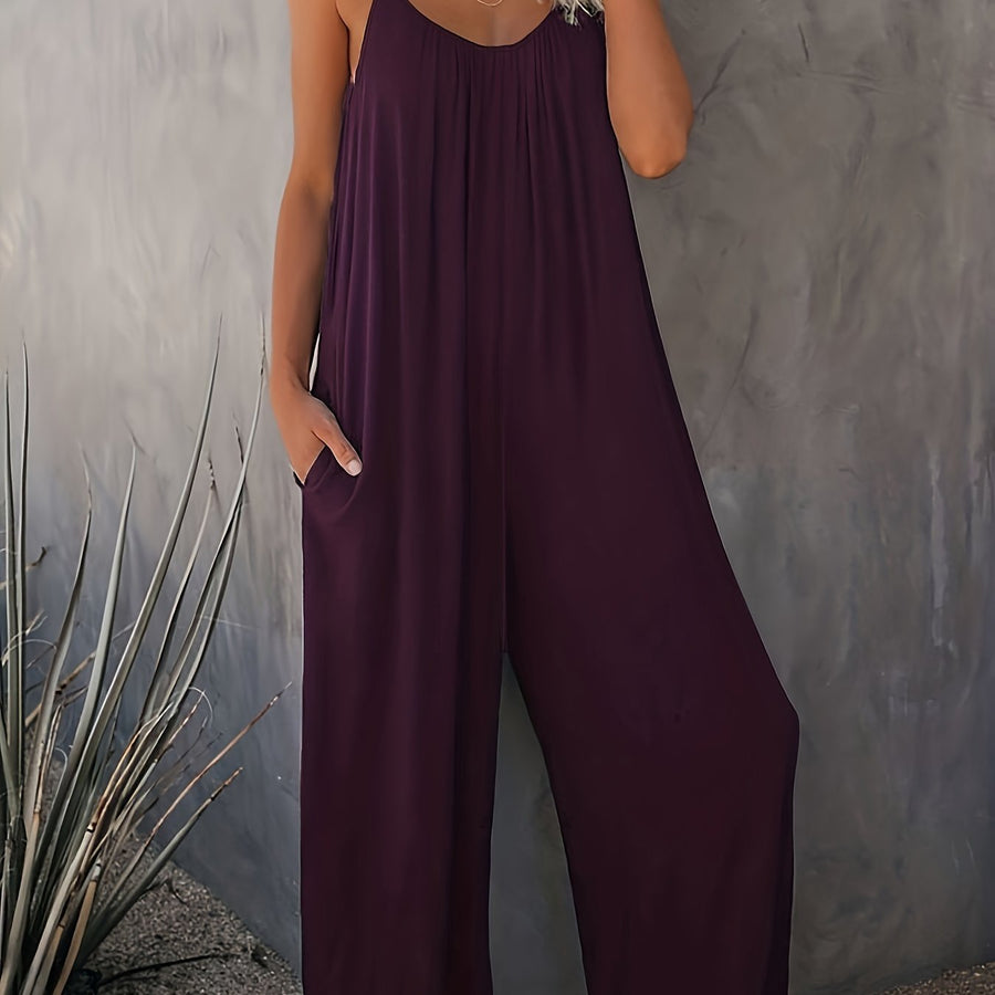Damen Weite Casual Jumpsuit mit Spaghettiträgern – Luftiger Einteiler für Freizeit & Urlaub