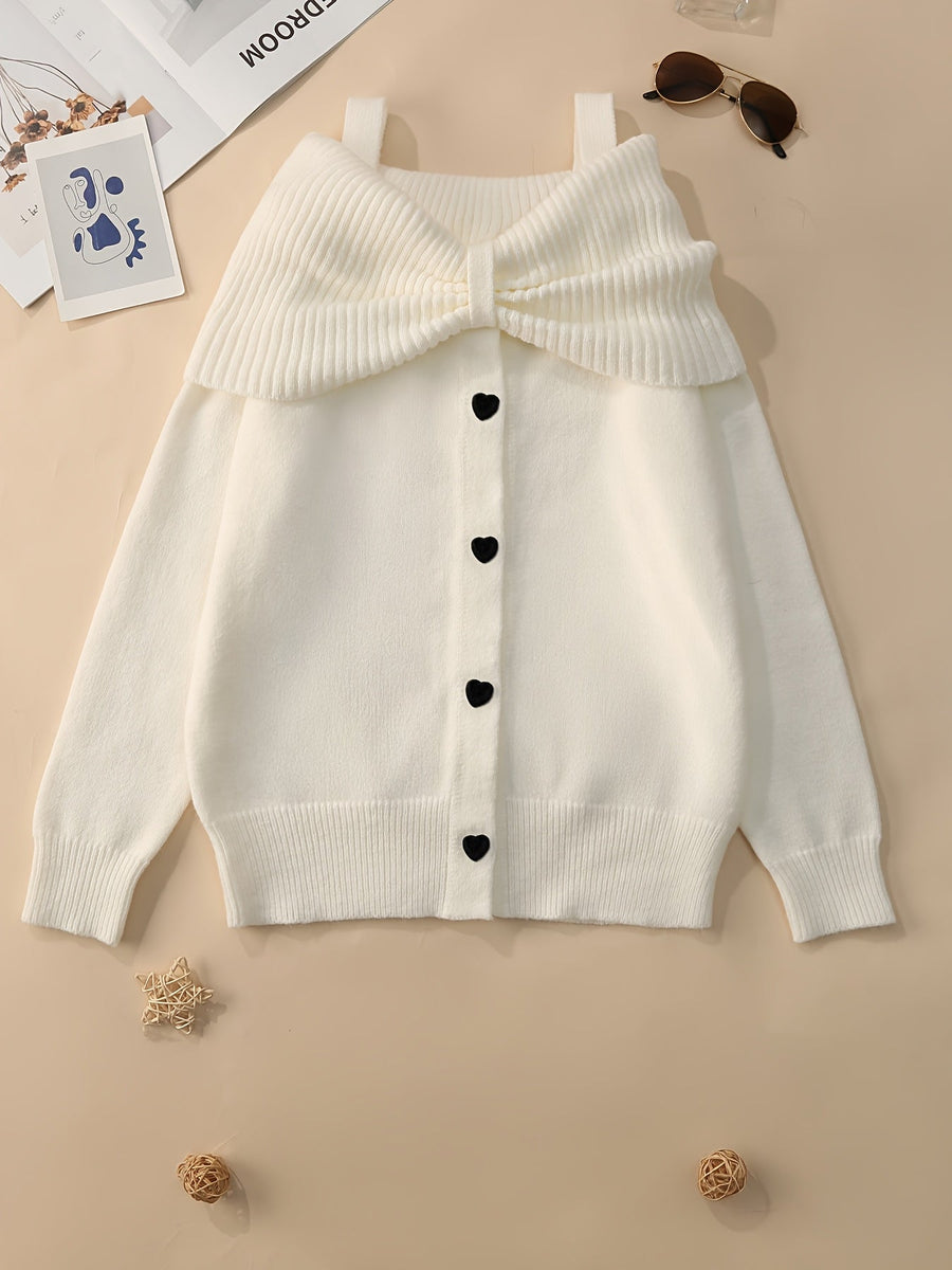 Damen Strickpullover Carmen-Ausschnitt Schleife Herzknöpfe