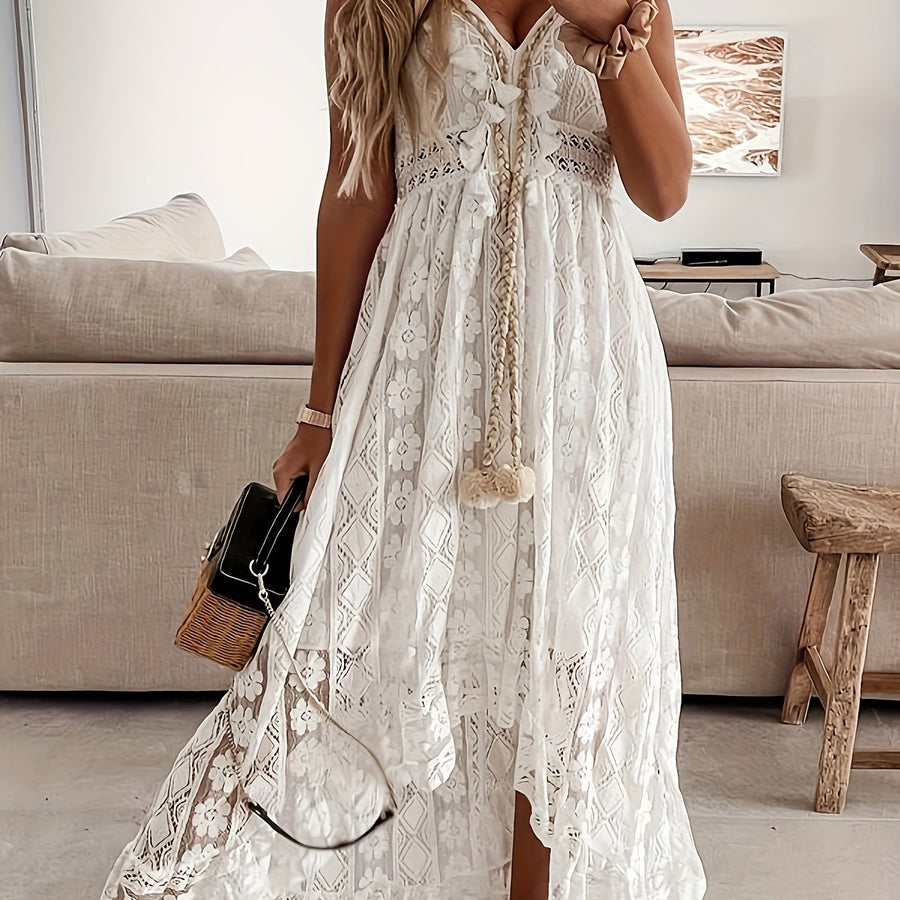 Damen Boho Maxikleid mit Spitze und V-Ausschnitt – Elegantes Sommerkleid für Feste und Strand