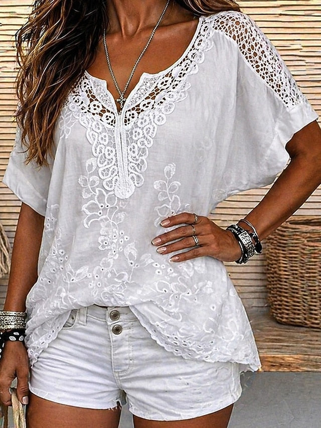 Damen Kurzarm Bluse mit Spitze & Stickerei V-Ausschnitt