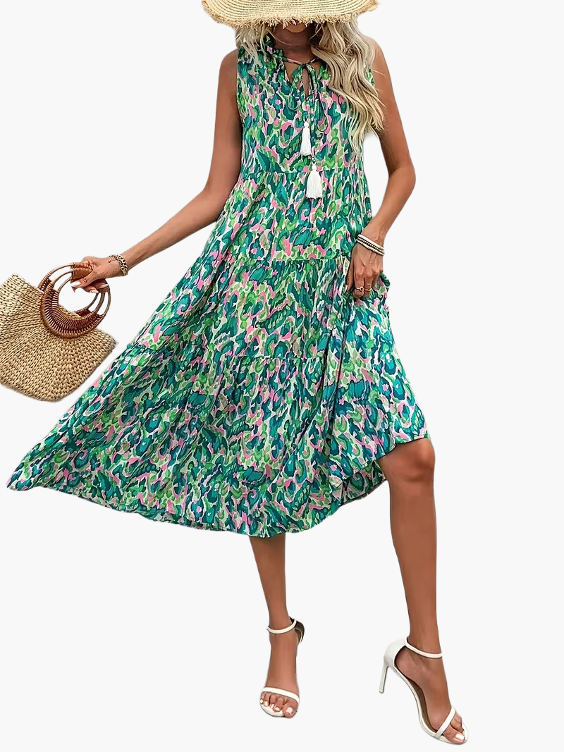 Damen Boho A-Linien Sommerkleid ärmellos – Luftiges Freizeitkleid mit Allover-Print und Quasten