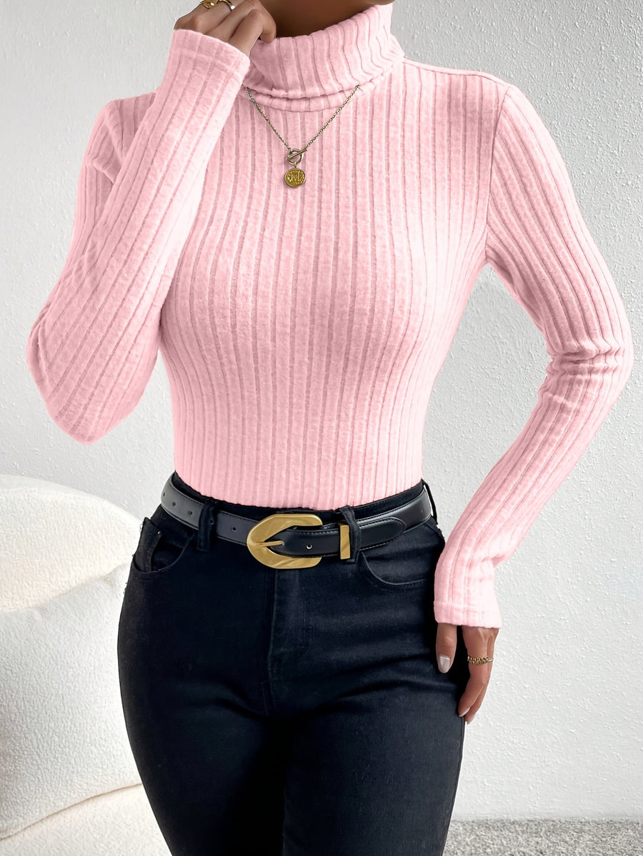 Damen Rollkragenpullover Rippstrick Langarmshirt Eng Anliegend