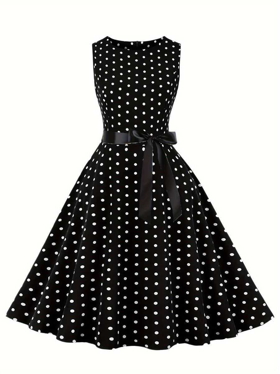 Damen Vintage Rockabilly Polka Dots Kleid mit Schleifen-Gürtel, Elegant, Ärmelos, Festlich & Alltag