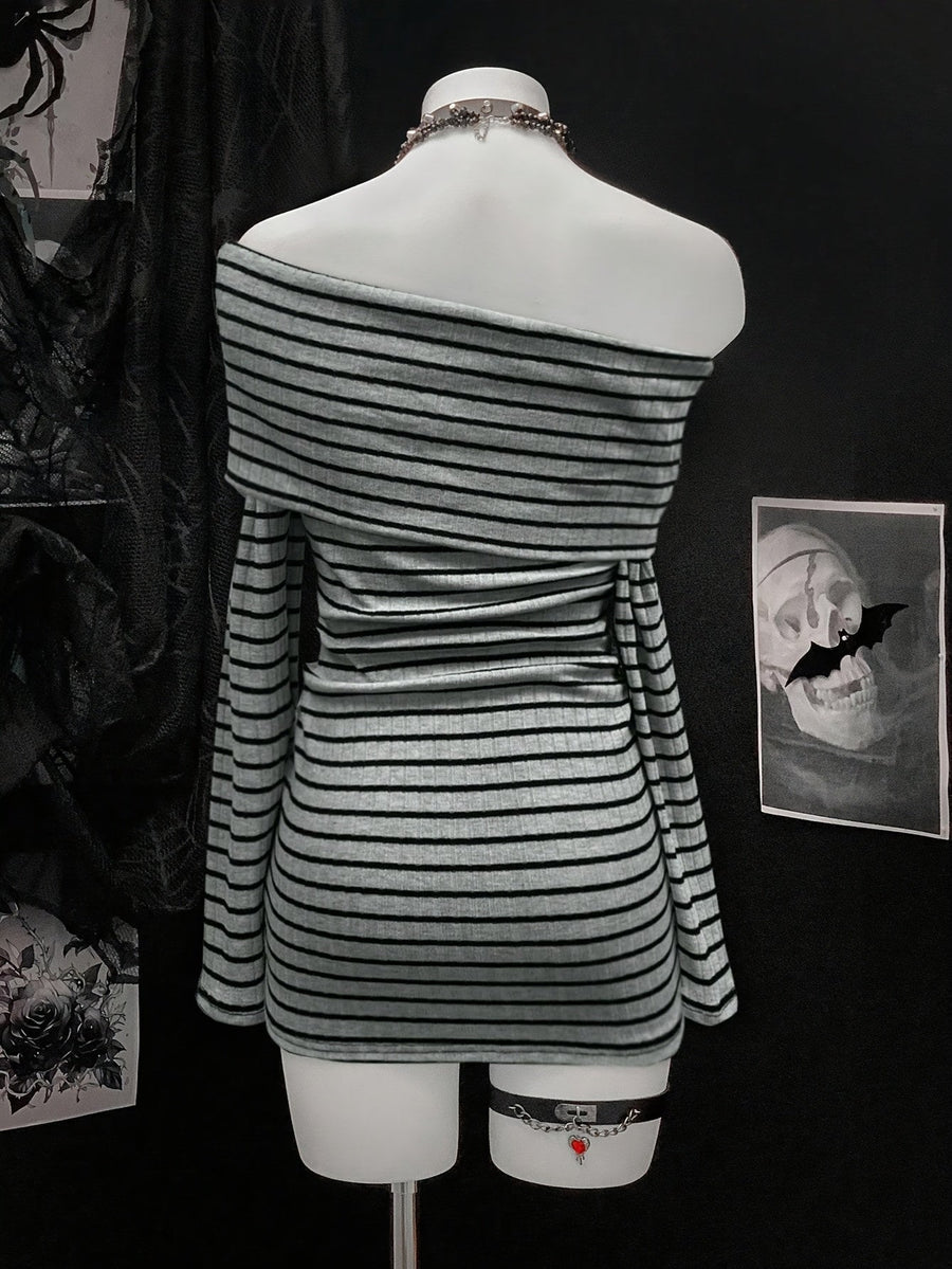 Damen Off-Shoulder Minikleid gestreift langärmlig körperbetont gerippt