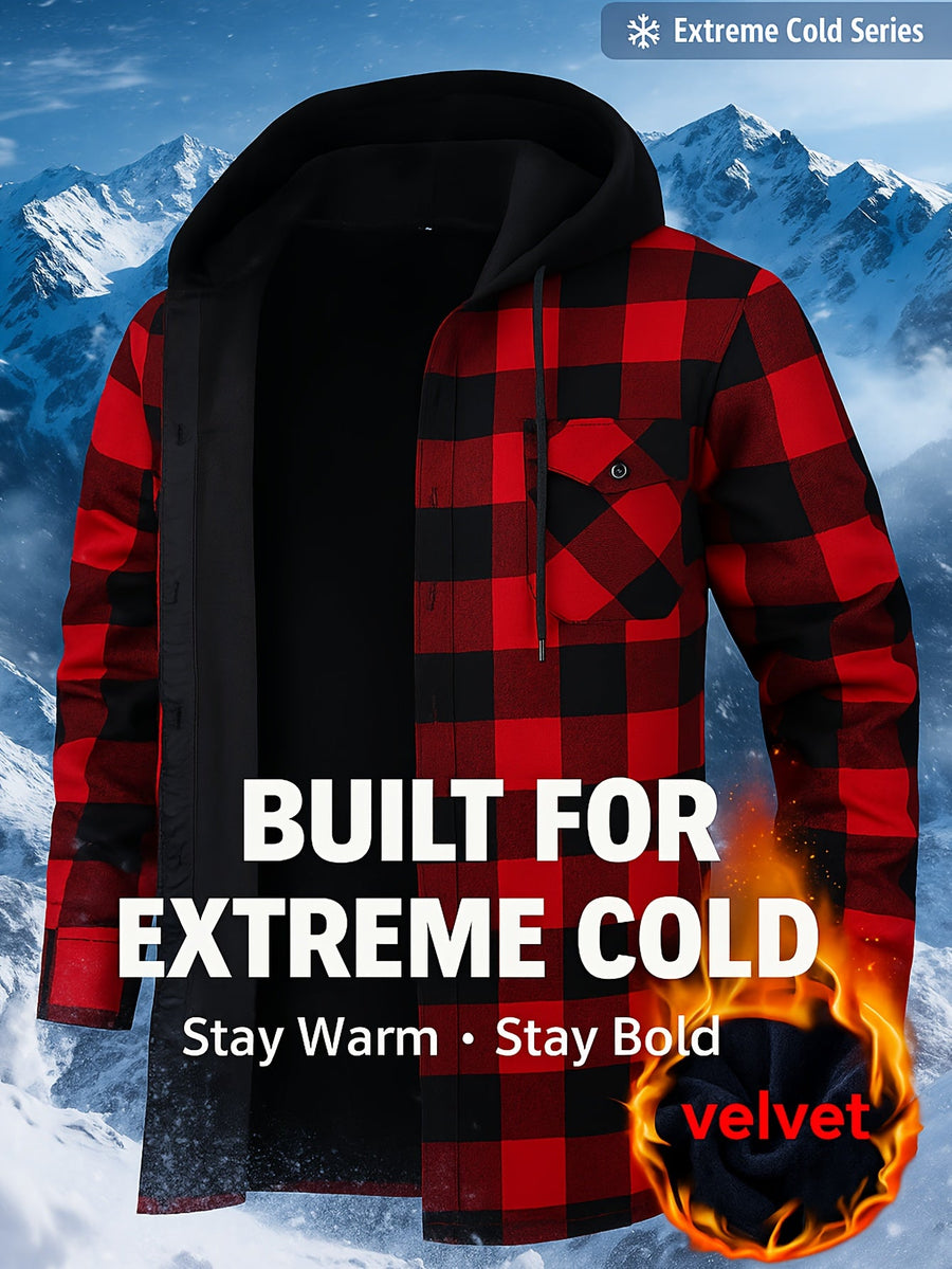 Herren Kariertes Flanell Hemd Jacke mit Kapuze und warmer Fütterung