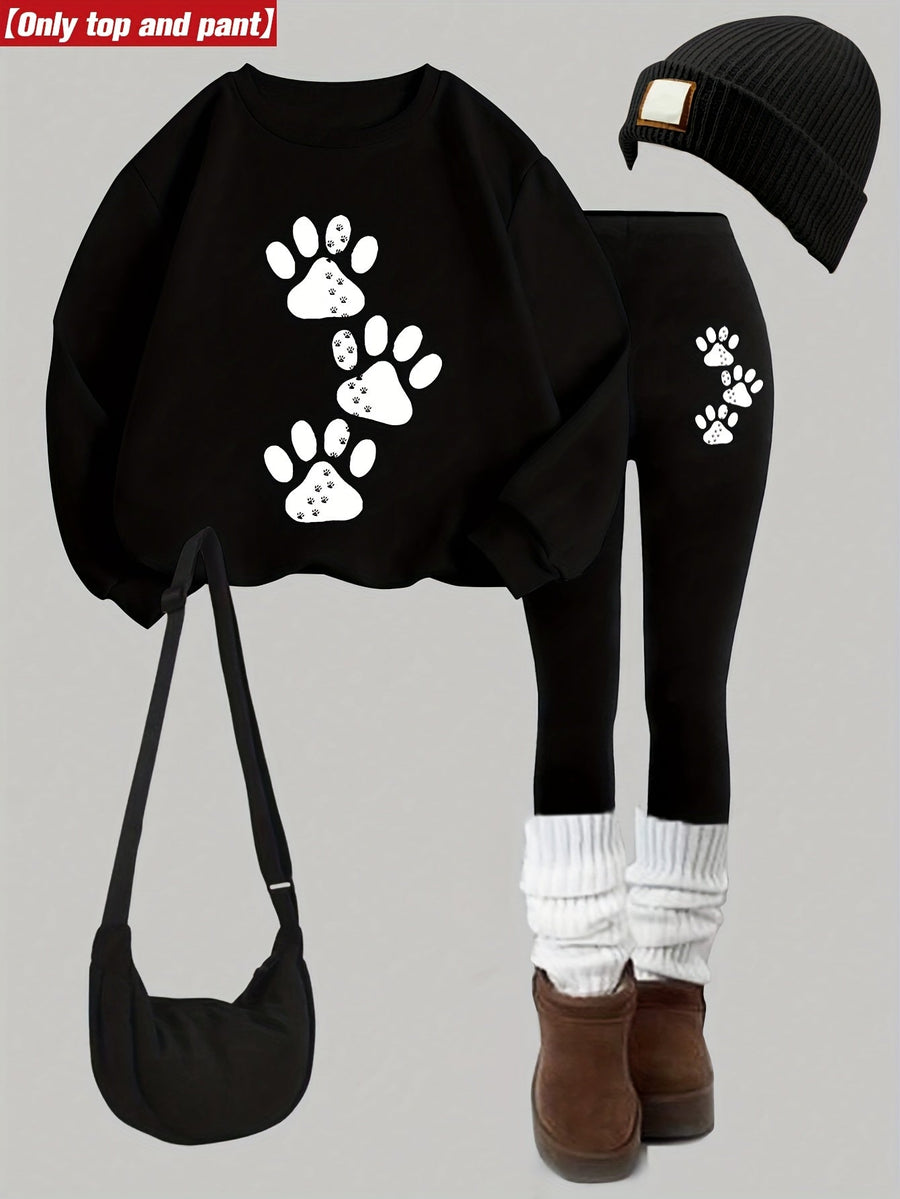 Damen Sweatshirt und Leggings Set mit Pfotenabdruck Print