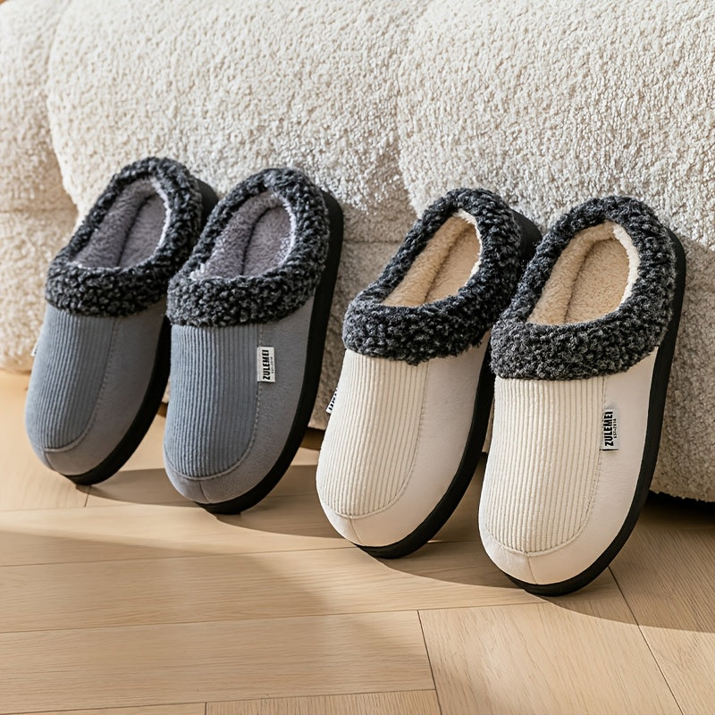 Unisex Winter Hausschuhe gerippt mit Plüschfutter in Blau, Grau, Beige