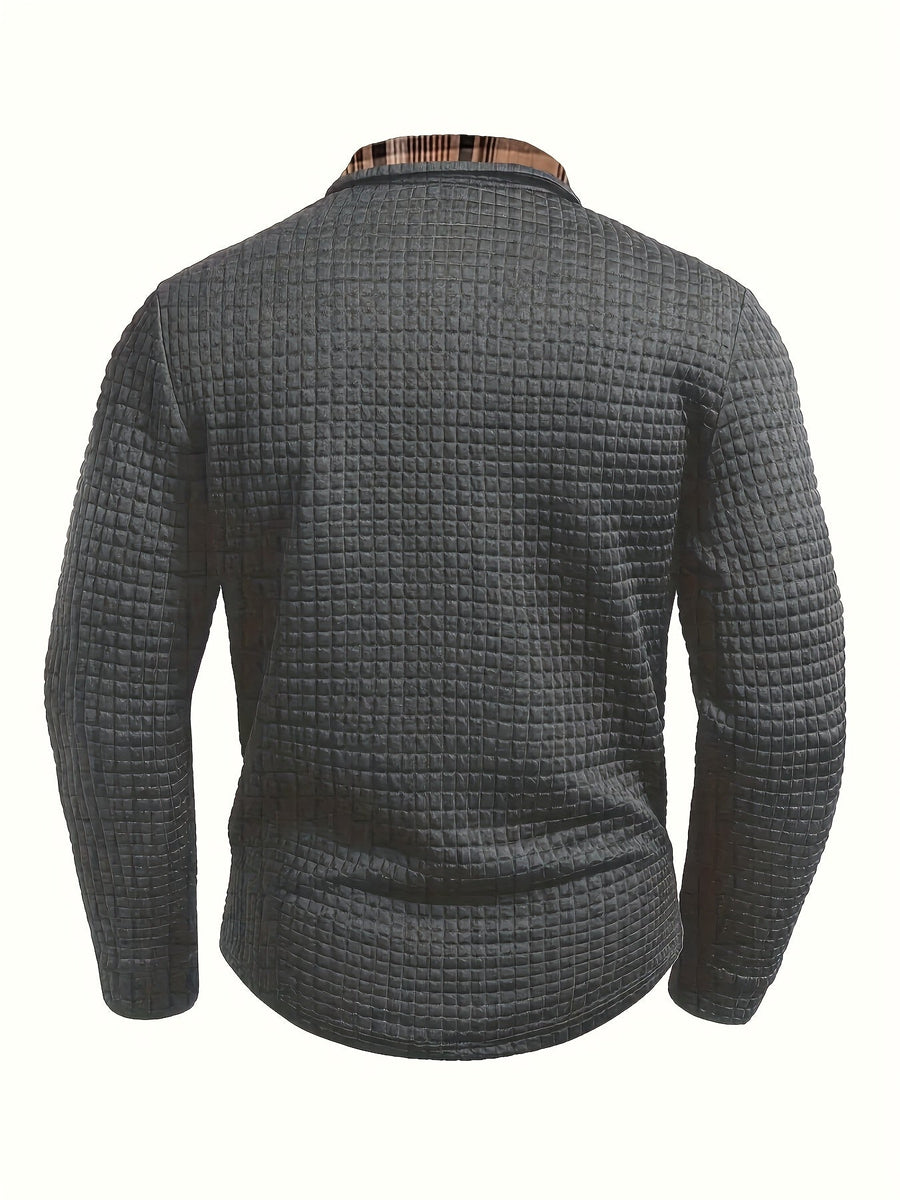 Herren Langarm-Poloshirt Waffelstruktur mit kariertem Kragen und Taschendetail