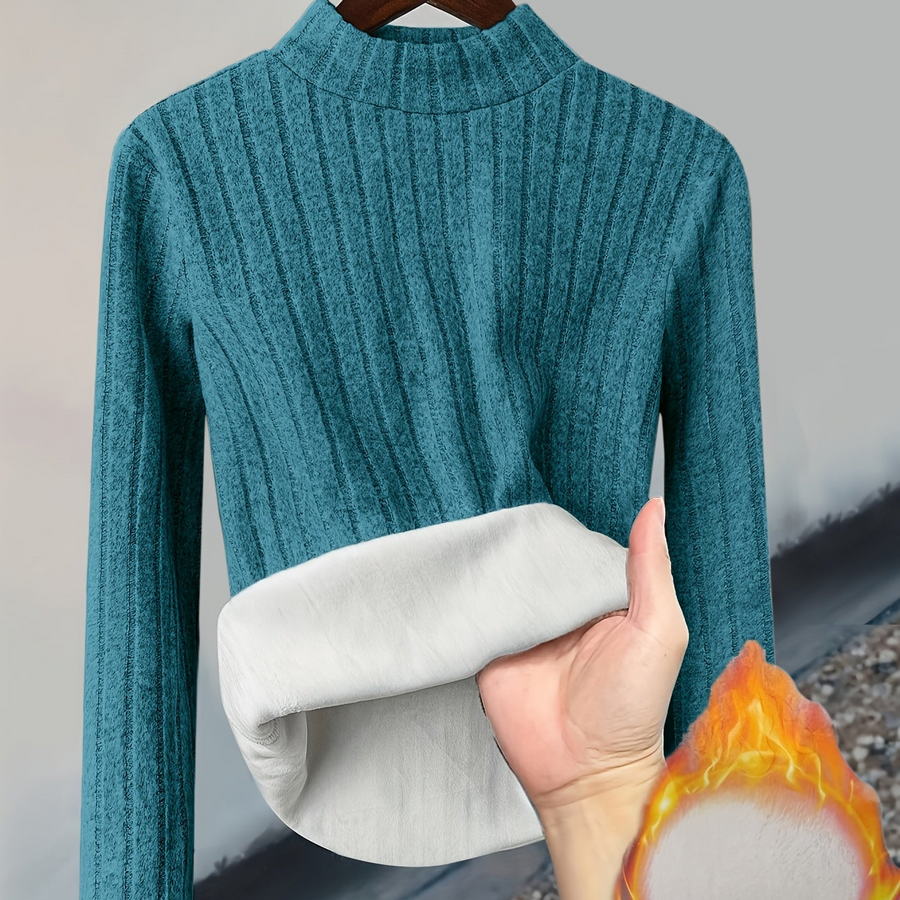 Gerippter Damen Pullover mit hohem Kragen und warmem Fleecefutter, Langarm, Slim Fit