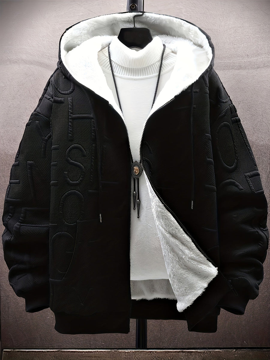 Herren Winter Hoodie Jacke mit Plüschfutter Reißverschluss Dick Gemustert Schwarz