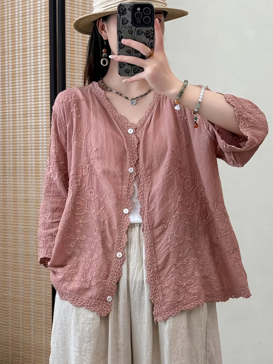 Damen Bluse Langarm V-Ausschnitt Bestickt mit Knopfleiste und Spitze