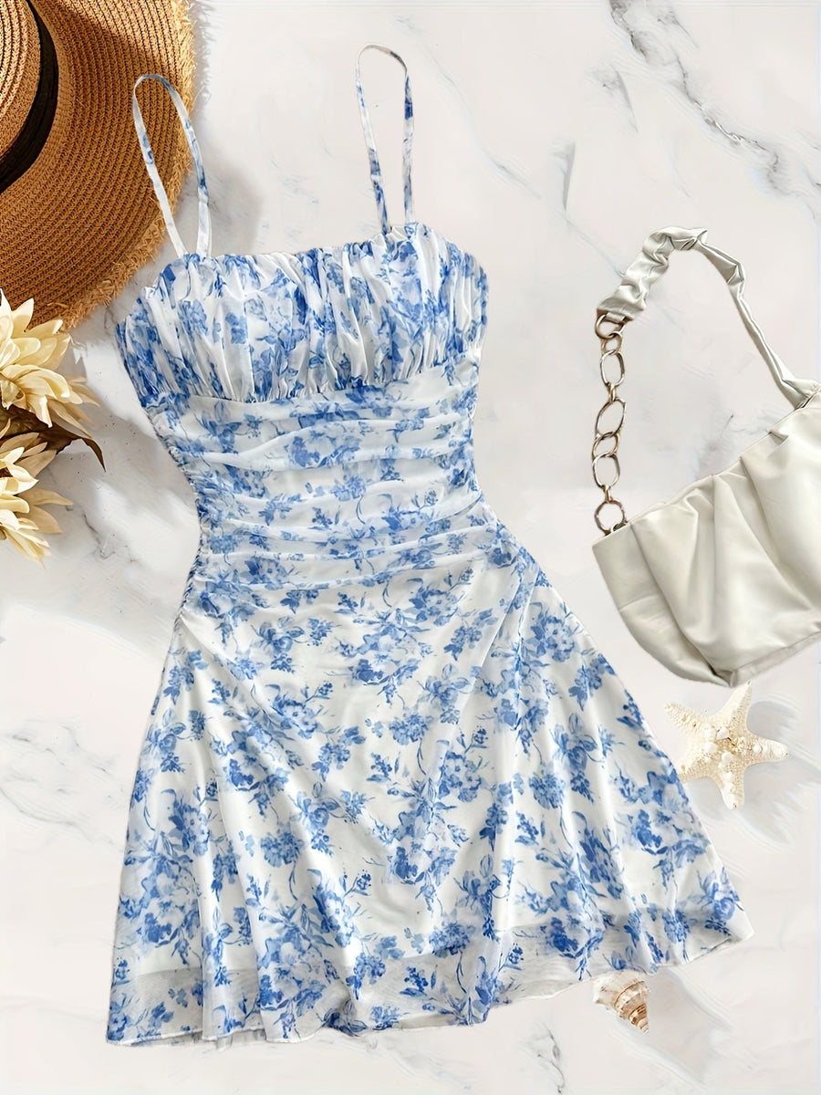 Damen Sommerkleid Elegant mit Spaghettiträgern und Blumenmuster – Perfekt für Alltag und Urlaub