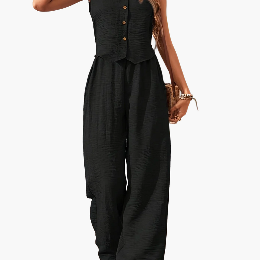 Damen Eleganter Zweiteiler Jumpsuit mit Weste und Weiten Hosen – Freizeit & Sommer Outfit