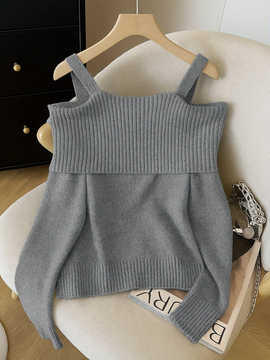 Damen Strickpullover Carmen-Ausschnitt Schleife Herzknöpfe