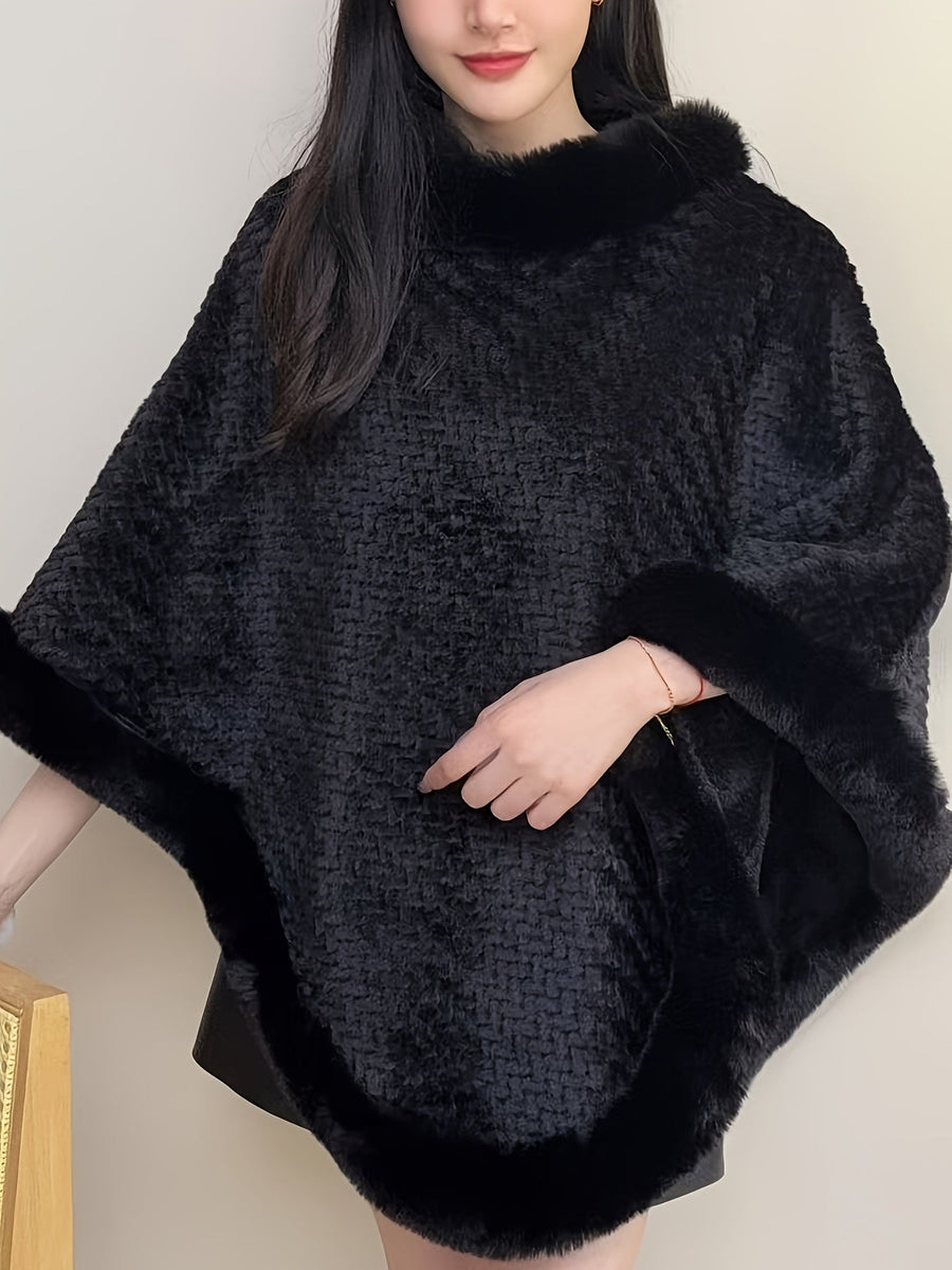 Damen Poncho Kuschelig Weich mit Kunstpelzbesatz Rollkragen