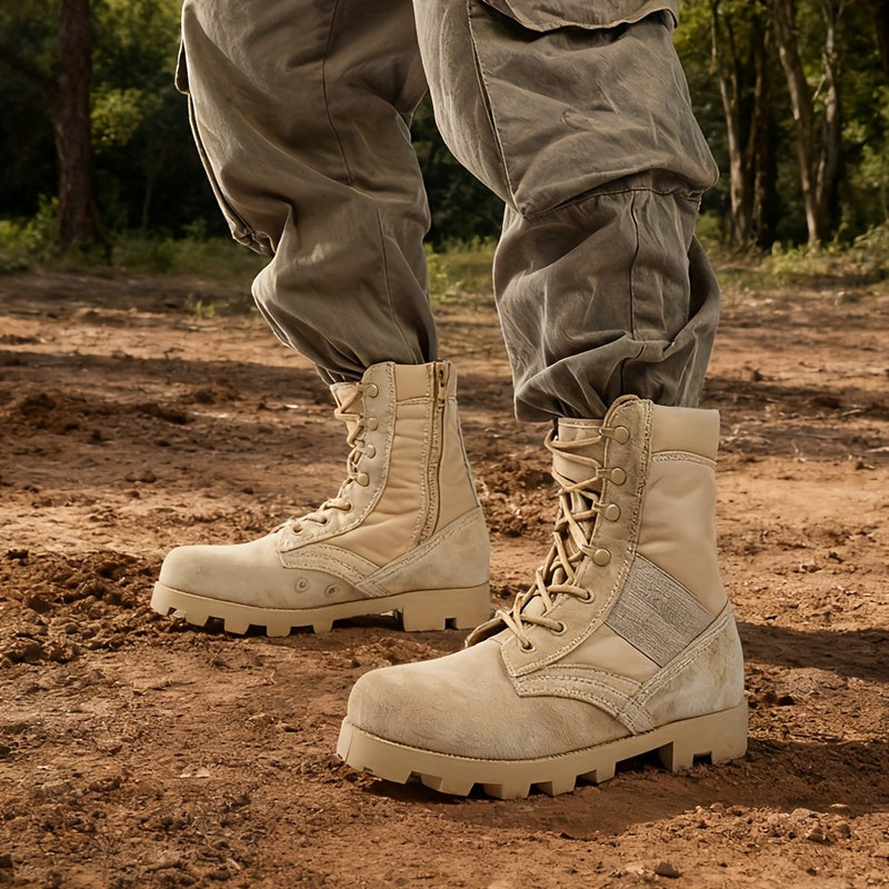 Unisex Schnürstiefeletten Beige mit Reißverschluss, Robuste Sohle