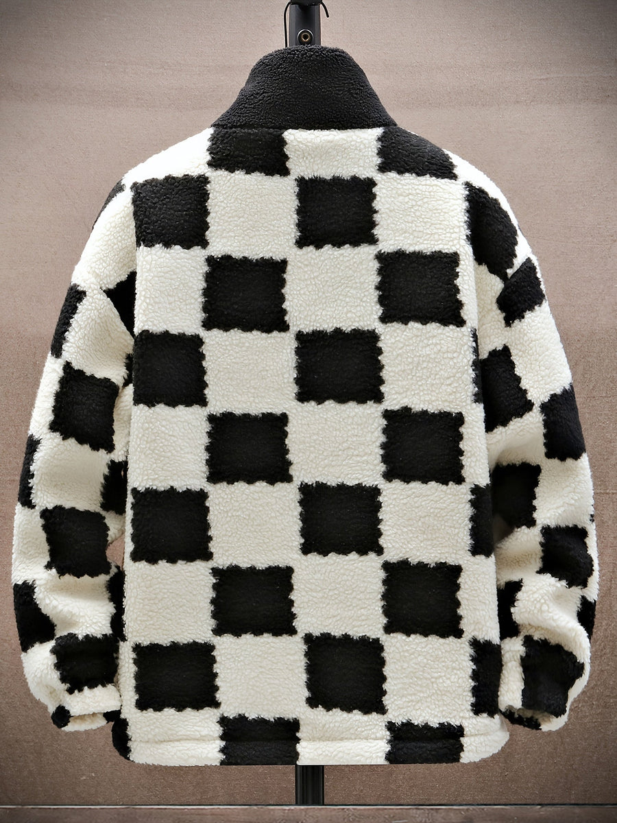 Teddyfleece Jacke Herren Kariert Blau Weiß Stehkragen Reißverschluss
