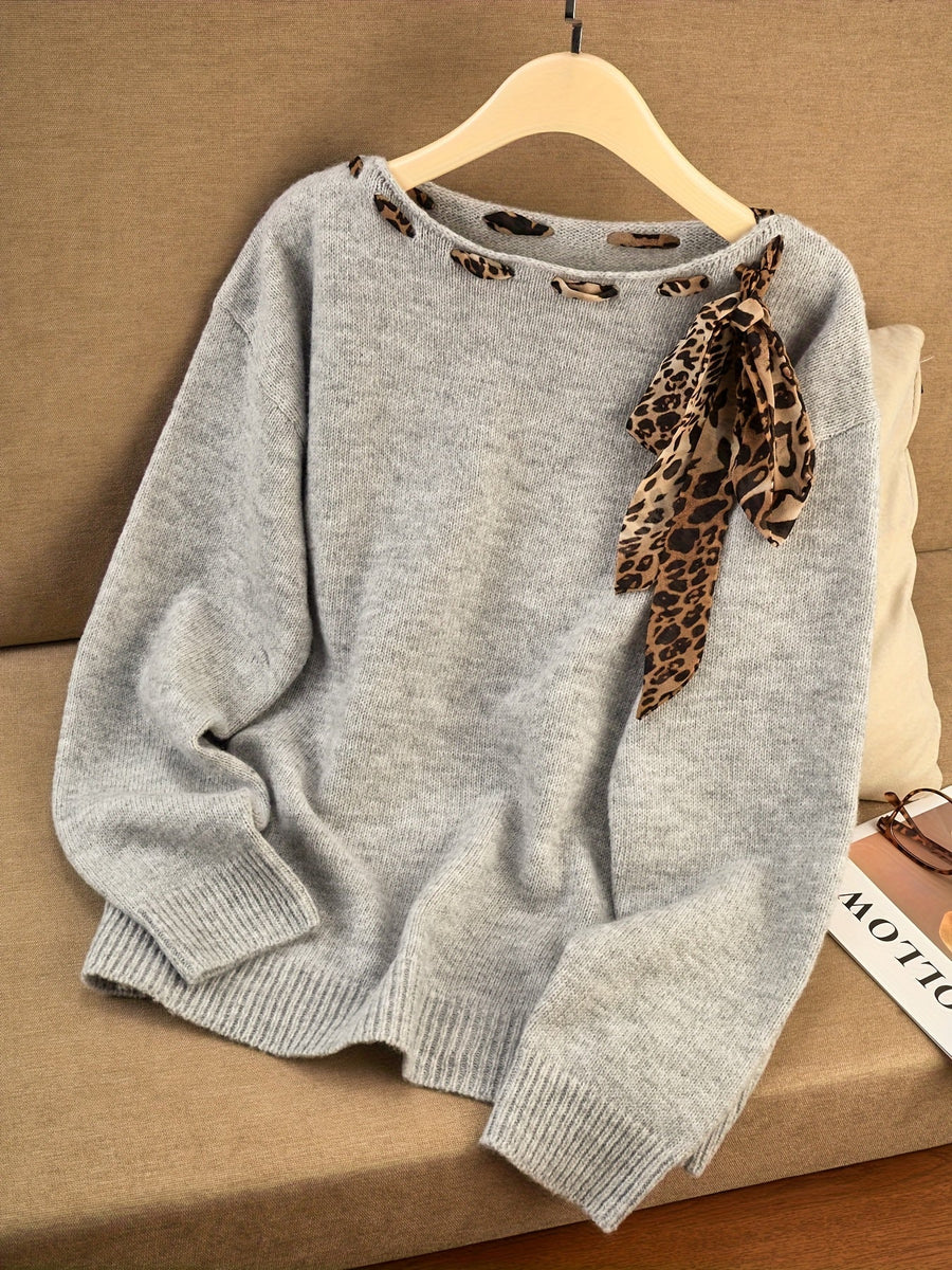 Damen Pullover mit Leopardenmuster Schal Ausschnitt Langarm Strickpullover