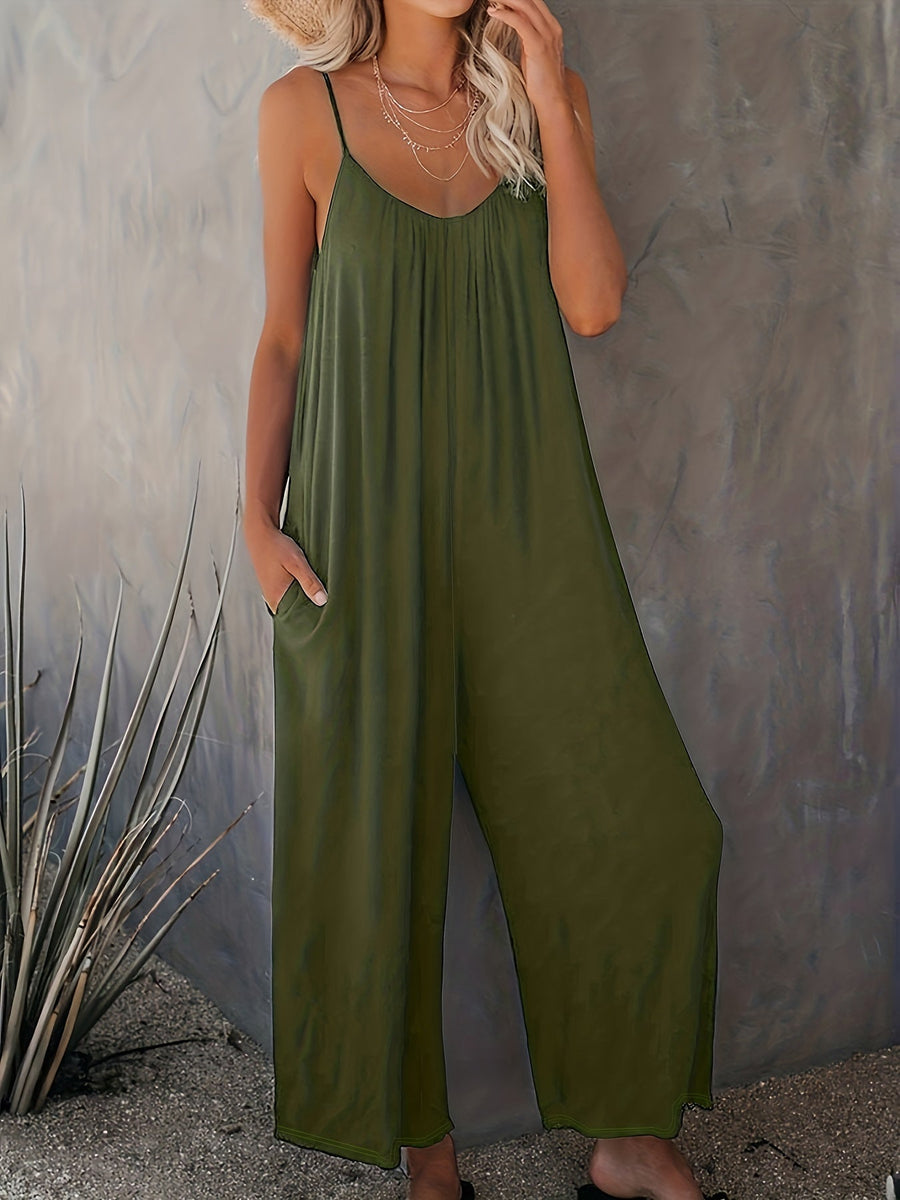 Damen Weite Casual Jumpsuit mit Spaghettiträgern – Luftiger Einteiler für Freizeit & Urlaub