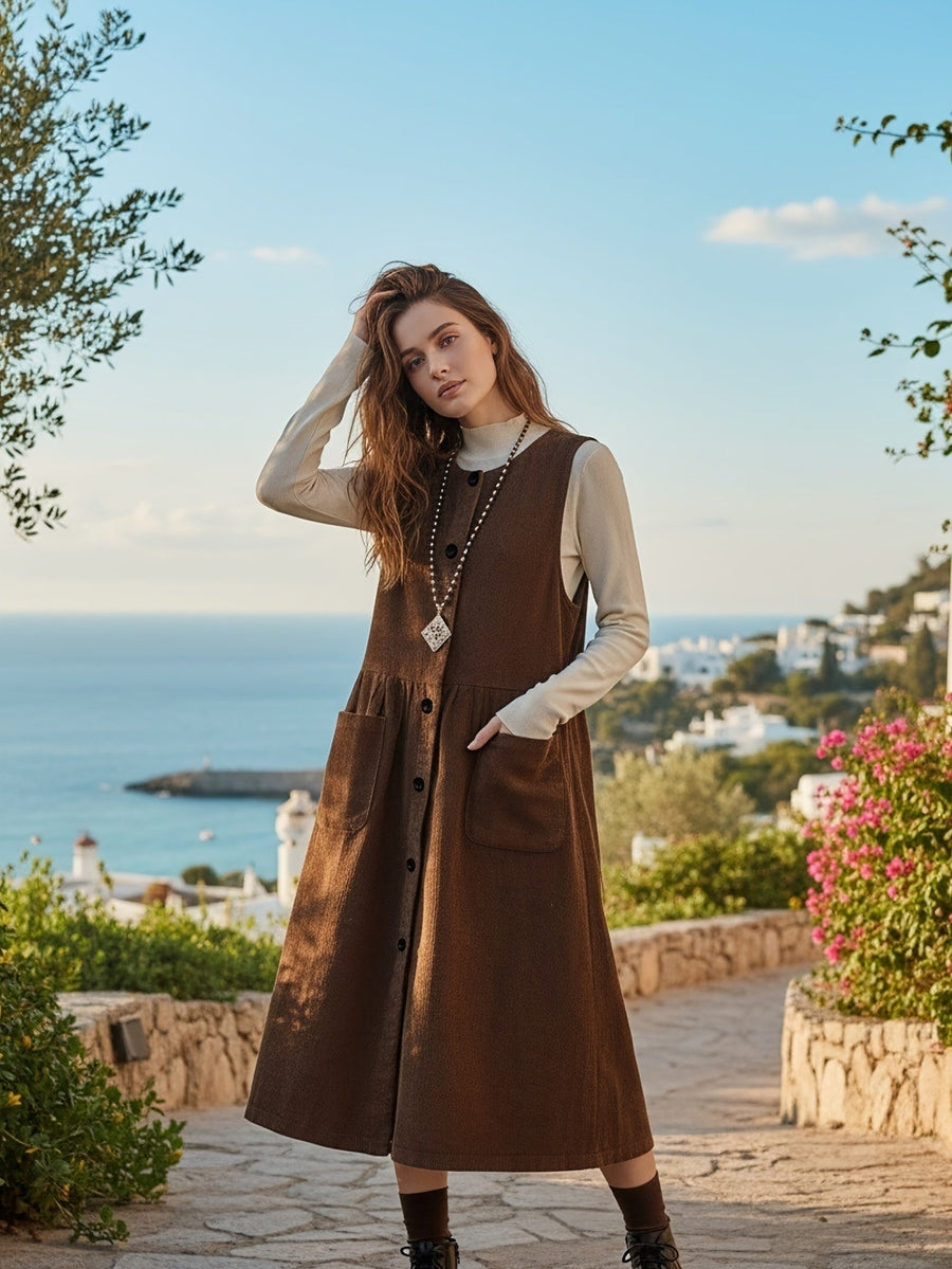 Damen Langes Trägerkleid Braun Knopfleiste Midi