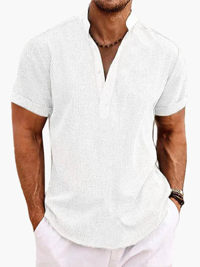 Herren Sommer Veganes Leinenhemd Kurzarm Henley für Freizeit und Urlaub