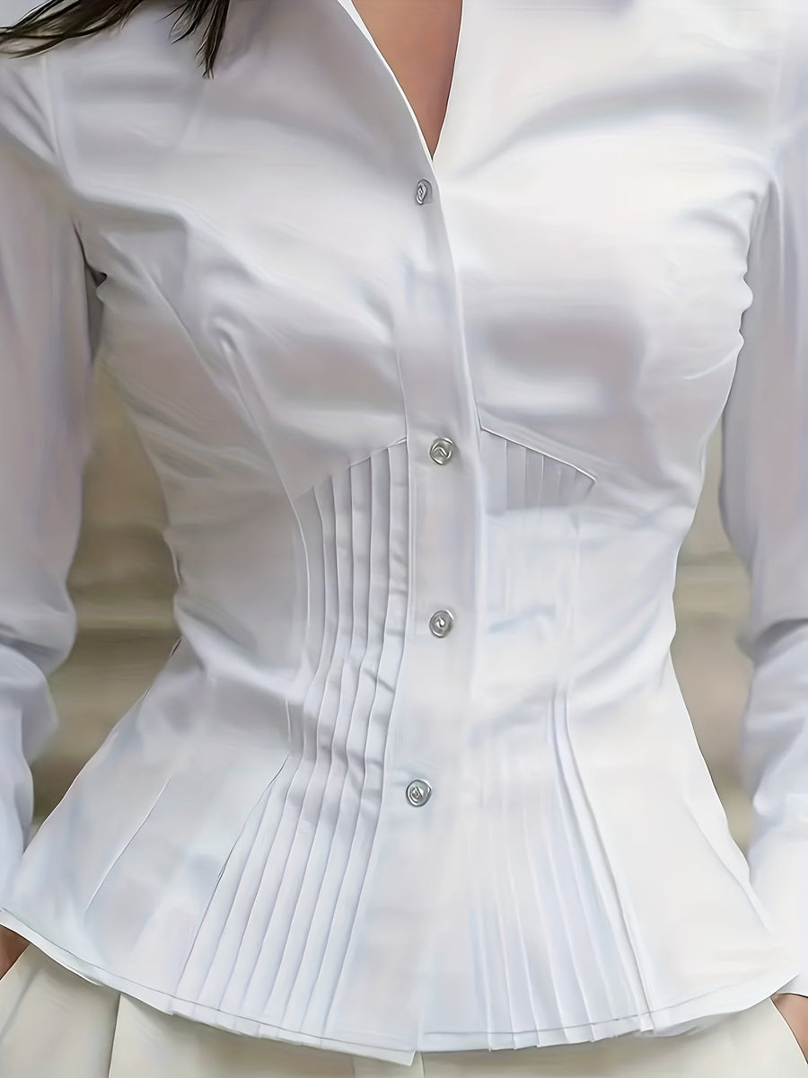 Damen Bluse Tailliert Langarm Hemd mit Plissees