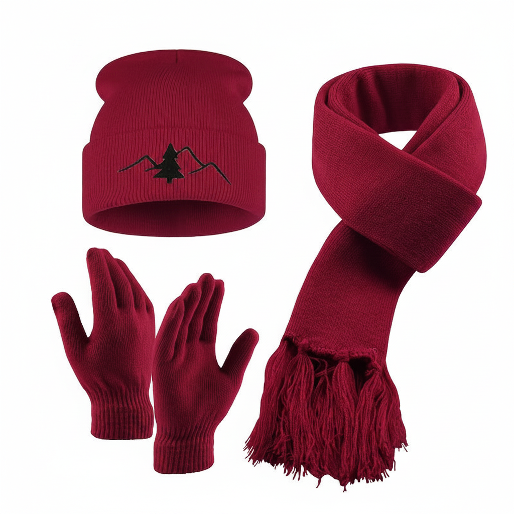 Unisex Winter Set Mütze Schal Handschuhe – Gestrickt mit Bergmotiv – In verschiedenen Farben