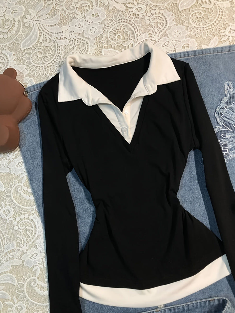 Damen Langarmshirt Schwarz Weiß mit Polo-Kragen