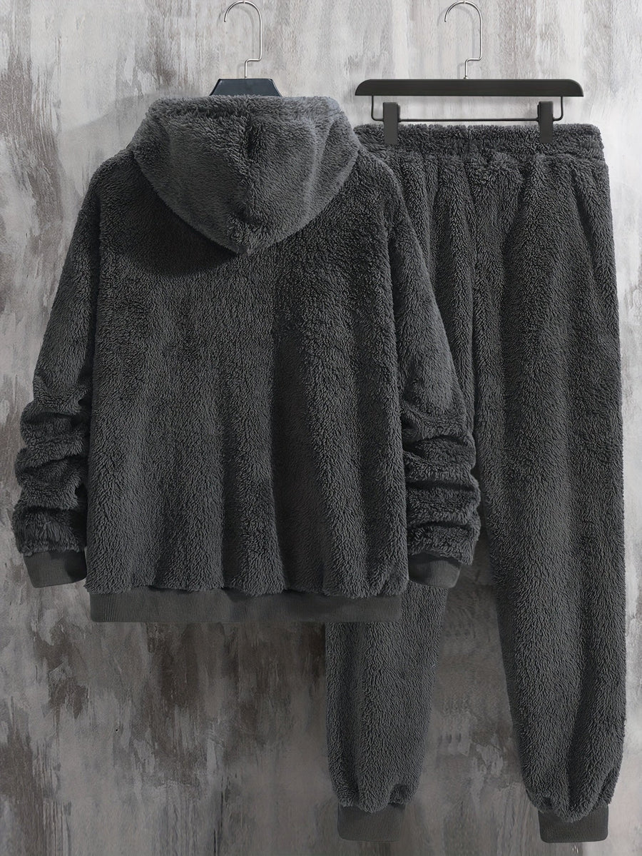 Unisex Teddy-Fleece Hausanzug mit Kapuze und Hose - Kuscheliger Hoodie-Jogginganzug