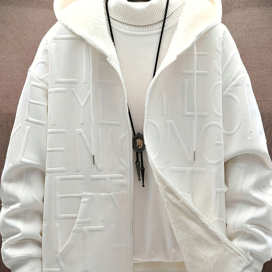 Herren Winter Hoodie Jacke mit Plüschfutter Reißverschluss Dick Gemustert Schwarz