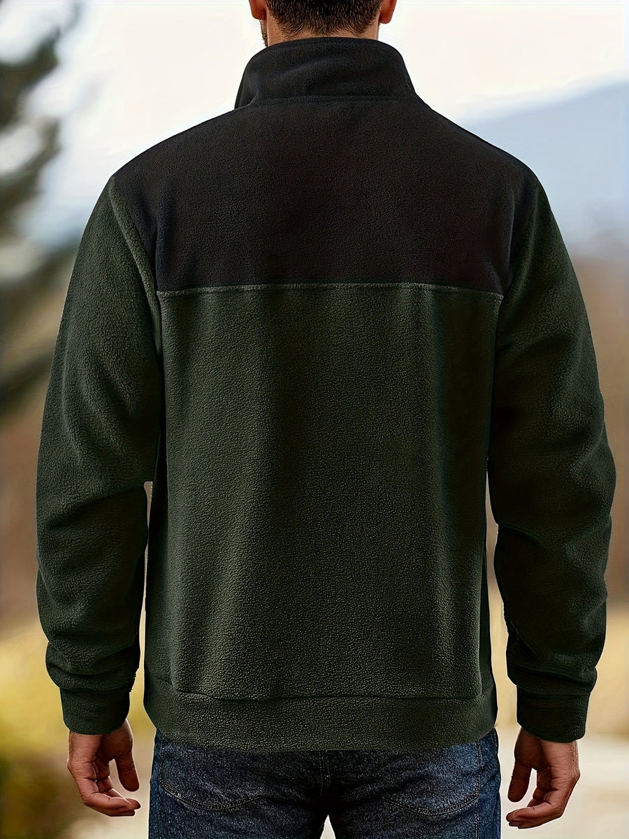 Herren Fleece Pullover mit Stehkragen und Knopfleiste - Zweifarbig