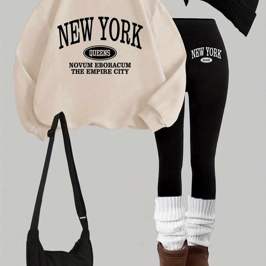 Damen Trainingsanzug Set Sweatshirt & Leggings New York Queens Print Schwarz