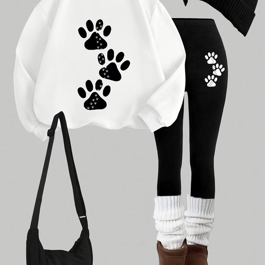 Damen Sweatshirt und Leggings Set mit Pfotenabdruck Print