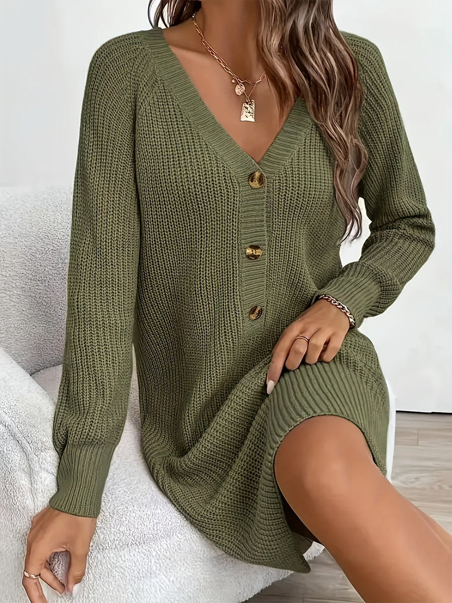 Damen Strickkleid V-Ausschnitt Langarm Strickpullover-Kleid