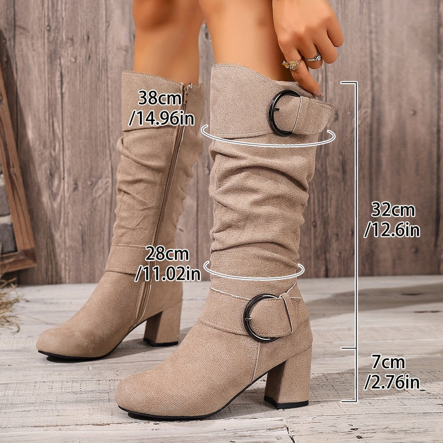 Damen Stiefel mit Blockabsatz, seitlichem Reißverschluss und Schnallendetails