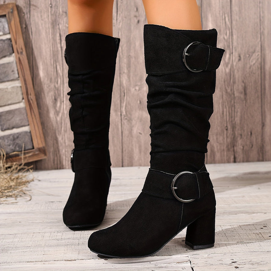 Damen Stiefel mit Blockabsatz, seitlichem Reißverschluss und Schnallendetails