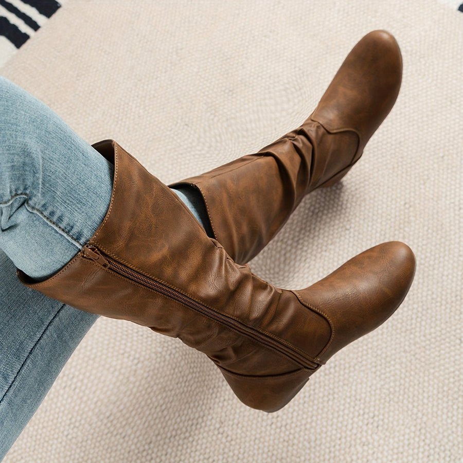 Damen Stiefel Kniehoch Flach Zugverschluss Crinkle Optik