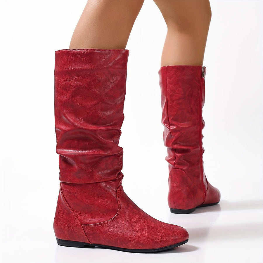 Damen Stiefel Kniehoch Flach Zugverschluss Crinkle Optik