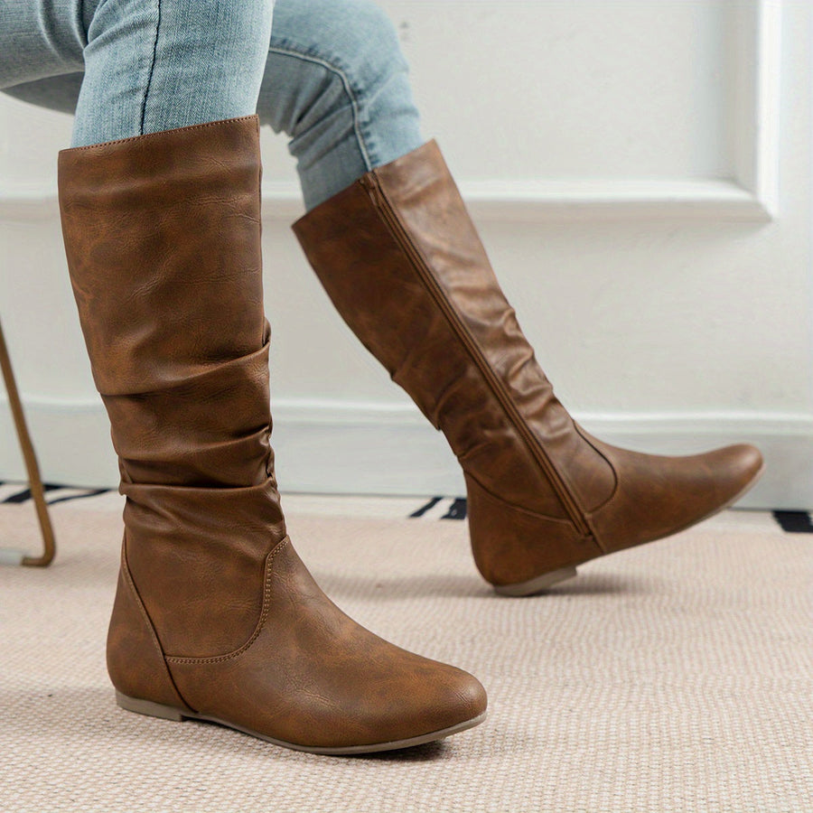 Damen Stiefel Kniehoch Flach Zugverschluss Crinkle Optik