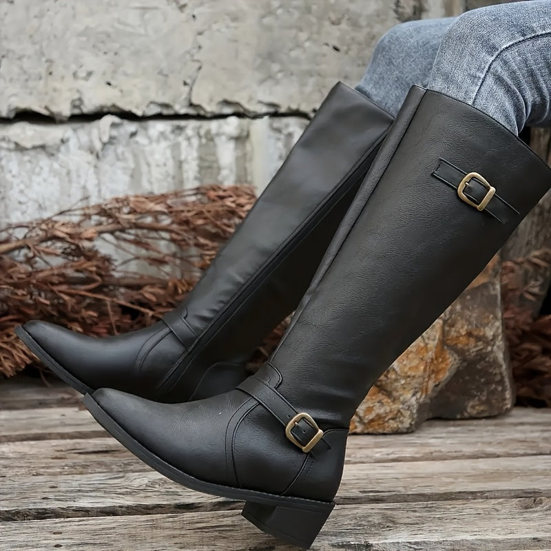 Damen Kniehohe Stiefel mit Schnallen-Detail und Reißverschluss