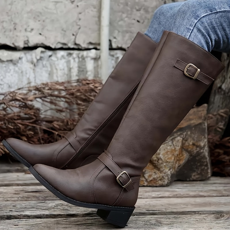 Damen Kniehohe Stiefel mit Schnallen-Detail und Reißverschluss
