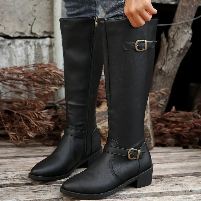 Damen Kniehohe Stiefel mit Schnallen-Detail und Reißverschluss