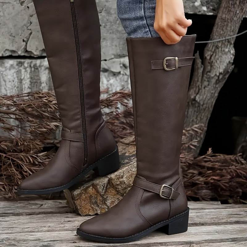 Damen Kniehohe Stiefel mit Schnallen-Detail und Reißverschluss