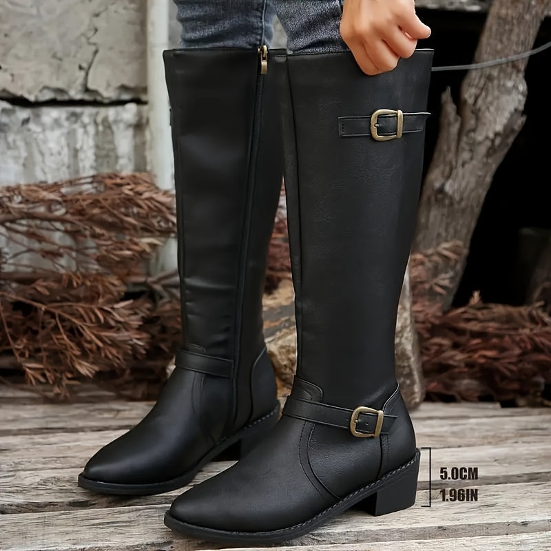 Damen Kniehohe Stiefel mit Schnallen-Detail und Reißverschluss