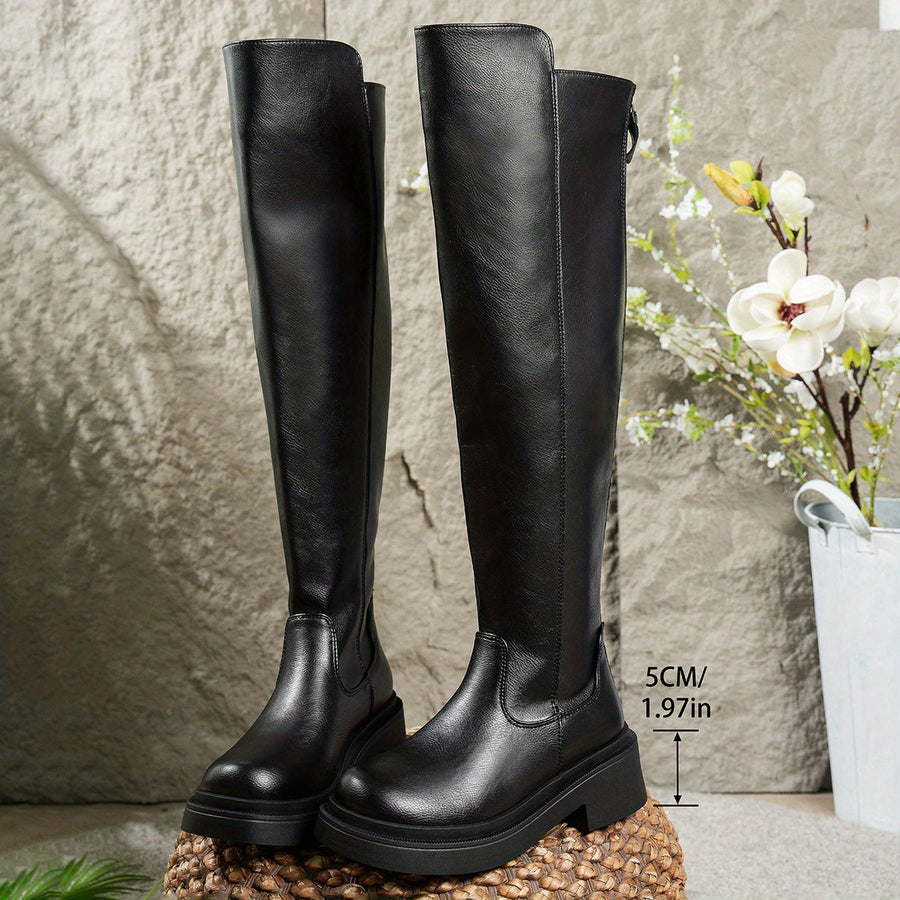 Damen Overknee Stiefel mit klobiger Sohle und Blockabsatz