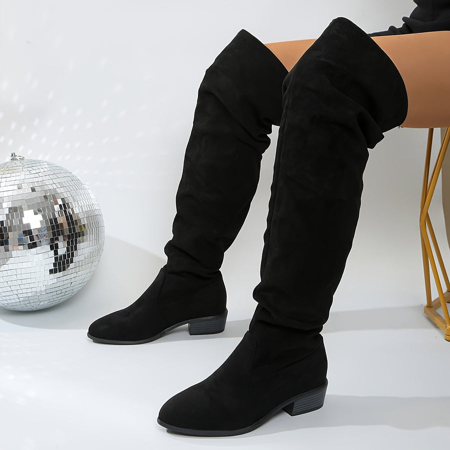Damen Overknee Stiefel aus weichem Material mit Blockabsatz